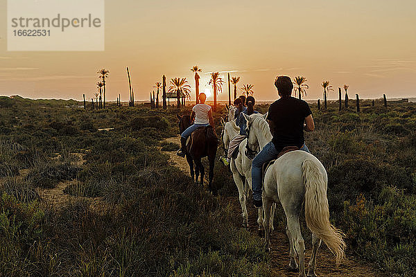 Familie reitet Pferde auf Landschaft gegen Himmel während Sonnenuntergang