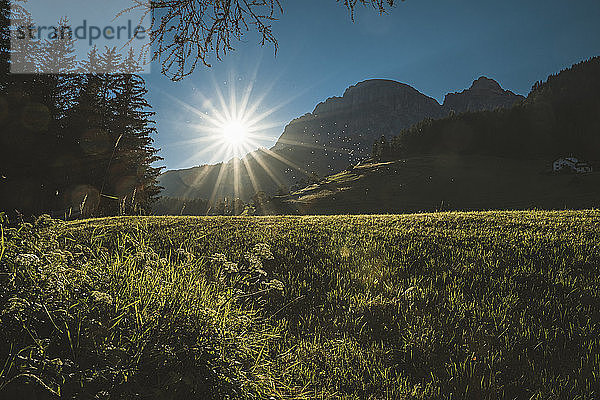 Italien  Südtirol  Corvara  Sonnenuntergang über einer Wiese in den Dolomiten