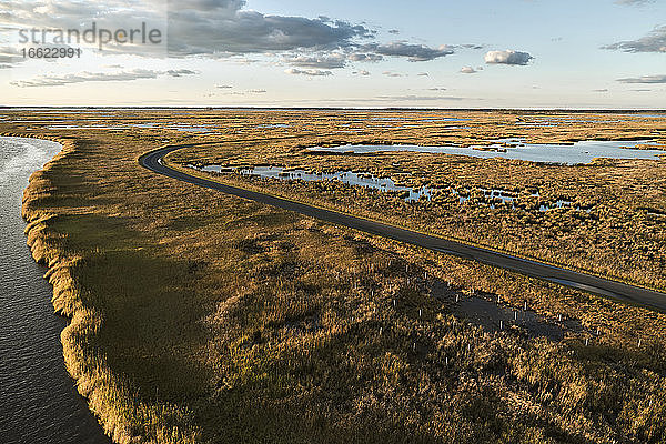 USA  Maryland  Drohnenansicht einer Straße  die sich in der Abenddämmerung durch die Sümpfe entlang des Blackwater River zieht