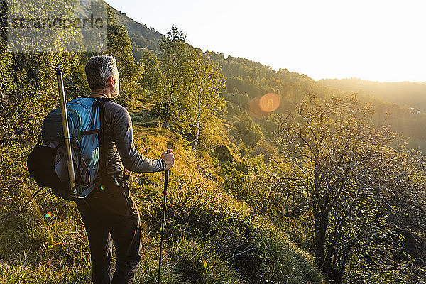 Älterer Mann mit Rucksack steht auf einem Berg im Wald während des Sonnenaufgangs  Orobie  Lecco  Italien