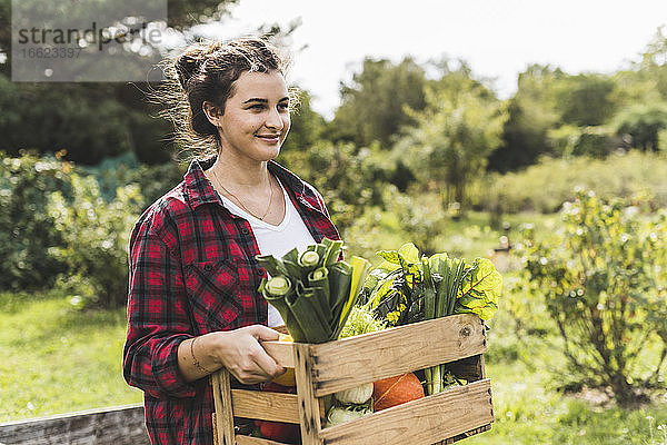 Junge Frau trägt Gemüse in einer Kiste und schaut weg  während sie im Garten arbeitet