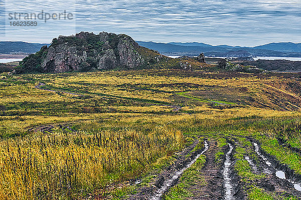 Blick auf eine grasbewachsene Landschaft bei bewölktem Himmel  Halbinsel Krabbe  Russland