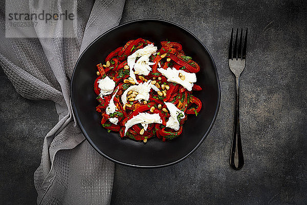 Schüssel mit vegetarischem Salat mit roter Paprika  Mozzarella  gerösteten Pinienkernen  Petersilie und Schnittlauch