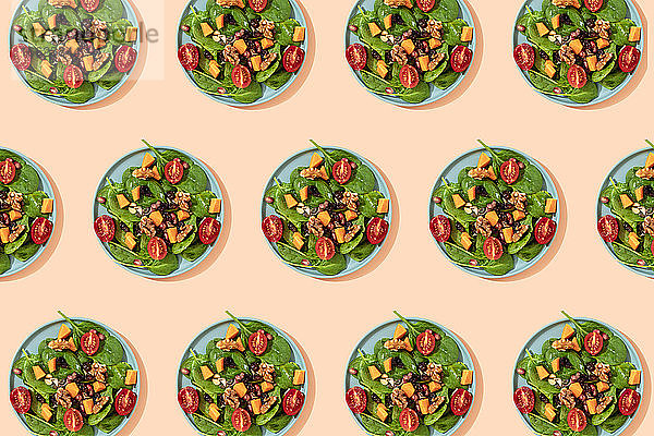 Muster von Tellern mit frischem  verzehrfertigem veganem Salat