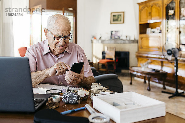 Älterer Mann mit Smartphone bei der Recherche über Mineralien und Fossilien zu Hause