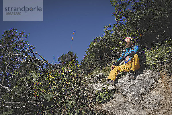 Männlicher Wanderer auf einem Berg sitzend gegen den klaren Himmel an einem sonnigen Tag  Otscher  Österreich