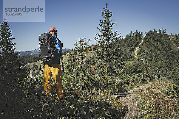 Männlicher Wanderer mit Rucksack steht inmitten von Pflanzen auf einem Berg gegen den klaren Himmel  Otscher  Österreich