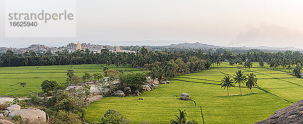 Indien  Karnataka  Hampi  Panorama der grünen weiten Reisfelder in der Abenddämmerung