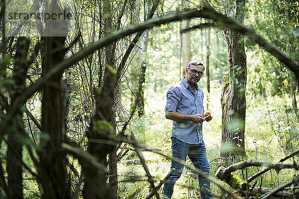 Reifer Mann steht mit Pilz im Wald an einem sonnigen Tag