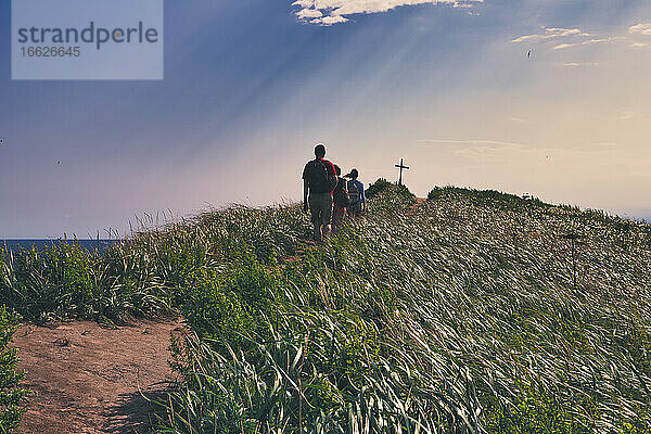 Freunde wandern inmitten von Pflanzen zum Gipfelkreuz auf dem Berggipfel bei Sonnenuntergang