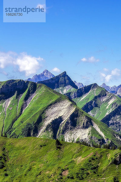 Österreich  Tirol  Blick auf die Gipfel der Tannheimer Berge im Sommer