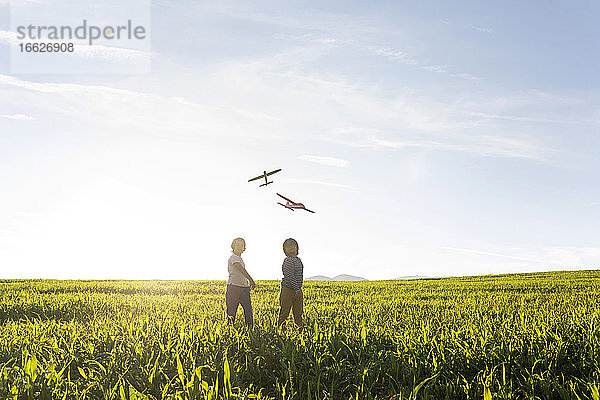 Jungen betrachten fliegendes Flugzeugspielzeug  während sie im Gras auf einer Wiese stehen