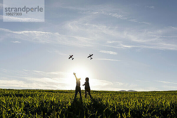 Verspielte Brüder  die ein Flugzeug fliegen  während sie auf einer Wiese im Gras stehen
