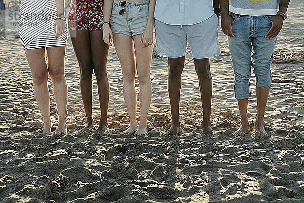 Tiefschnitt von Freunden  die am Strand im Sand stehen