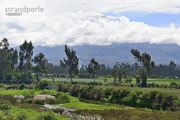 Fruchtbare Ebene  hinten Vulkan Cotopaxi mit Wolken  bei Lacatunga  Provinz Cotopaxi  Ecuador  Südamerika