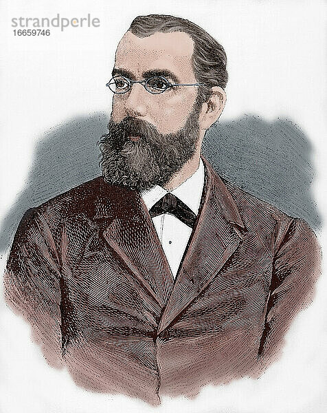 Robert Koch (1843-1910). Deutscher Arzt. Nobelpreis  1905. Kupferstich in Die spanische und amerikanische Illustration  1890. Koloriert.