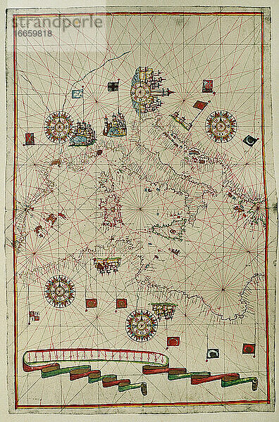 Portolan-Atlas der Welt von Joan Martines (1556-1590). Messina  1587. Westliches Mittelmeer. Nationalbibliothek. Madrid. Spanien.