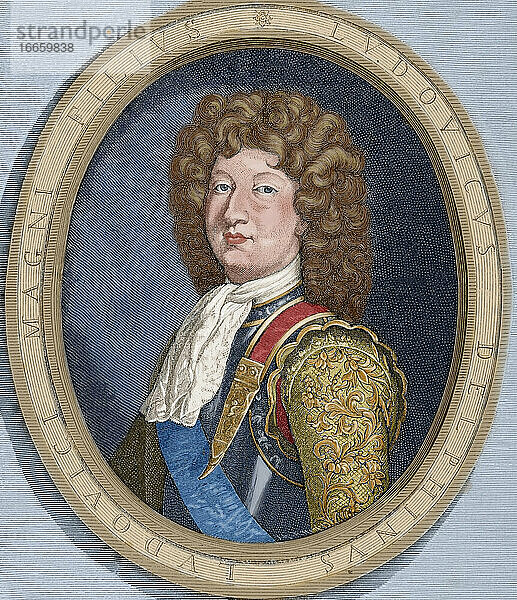 Ludwig von Frankreich (1661-1711). Prinz von Frankreich. Kupferstich von R. Heinkel. Universalgeschichte  1885. Koloriert.