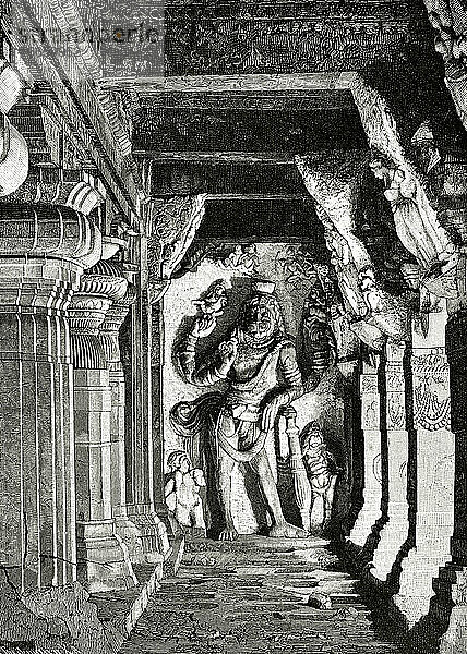 Hinduismus. Relief mit der Darstellung des Gottes Vishnu mit Löwenkopf im Tempel von Arisimba  Indien. Kupferstich von G. Treibmann. Indien  1880.