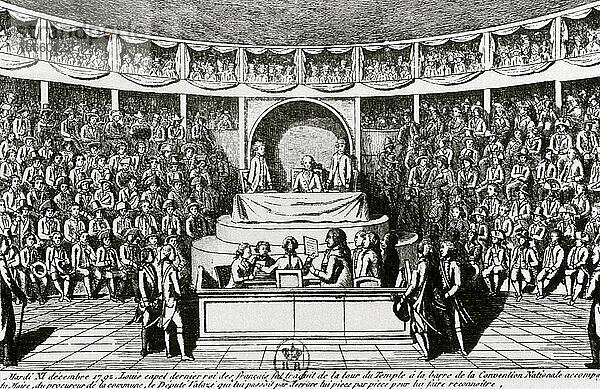 Französische Revolution (1789-1799). Nationalkonvent. Verhör von König Ludwig XVI. vor dem Nationalkonvent  11. Dezember 1792. Radierung einer Zeitung aus dieser Zeit