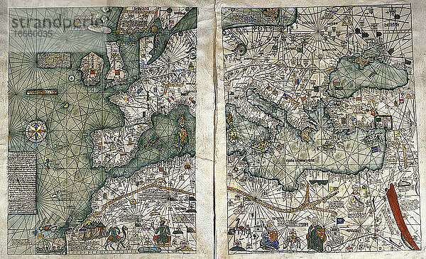 Der katalanische Atlas  1375. Wird den mallorquinischen jüdischen Kartographen Abraham und Jehuda Cresques zugeschrieben und stand im Dienst des Königs von Aragonien. Nationalbibliothek von Frankreich  Paris.