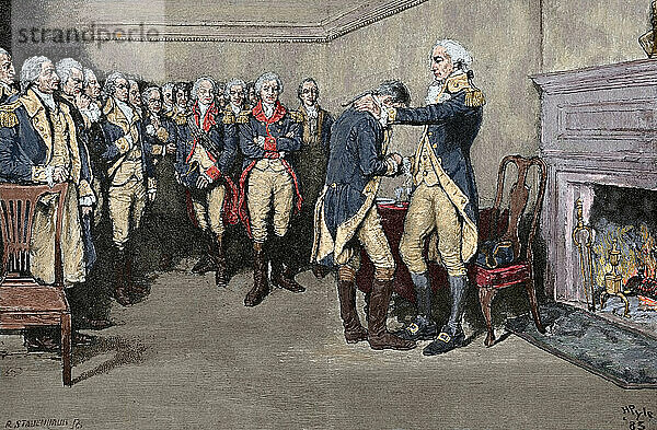 Amerikanischer Revolutionskrieg (1775-1783). New York City. George Washingtons Abschied von seinen Offizieren in der Fraunces Tavern am 4. Dezember 1783 zum Rücktritt als Oberbefehlshaber der Kontinentalarmee nach dem Sieg der USA. Kupferstich von Howard Pyle. Harper's Weekly  1883. Farbig.