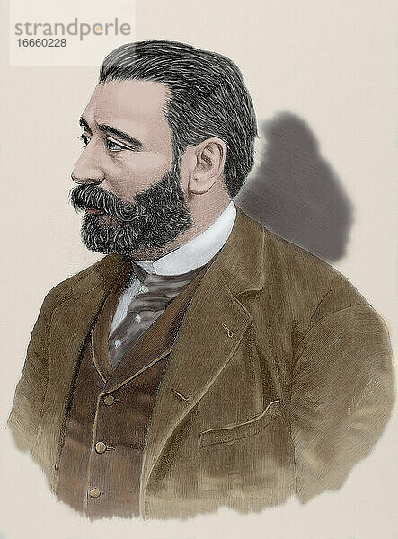Aureliano Linares Rivas (1841-1903). Spanischer Politiker. Kupferstich von A. Carretero in The Spanish and American Illustration  1892. Koloriert.