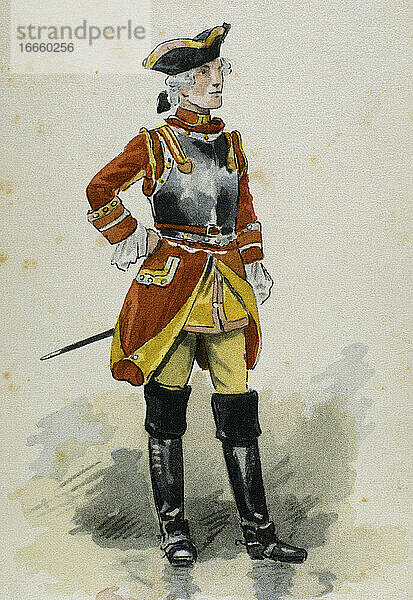 Spanien. Militärische Uniformen. 18. Jahrhundert. Soldat des Regiments der Königin im Jahr 1766. Kupferstich. Farbe.