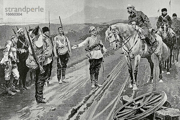 Russisch-Japanischer Krieg (1904-1905). Ein General der russischen Division trifft einen Offiziellen eines seiner Regimenter  der von einigen Soldaten begleitet wird  die in der Schlacht am Fluss Shaho gefallen sind. Kupferstich in La Ilustracion Artistica .
