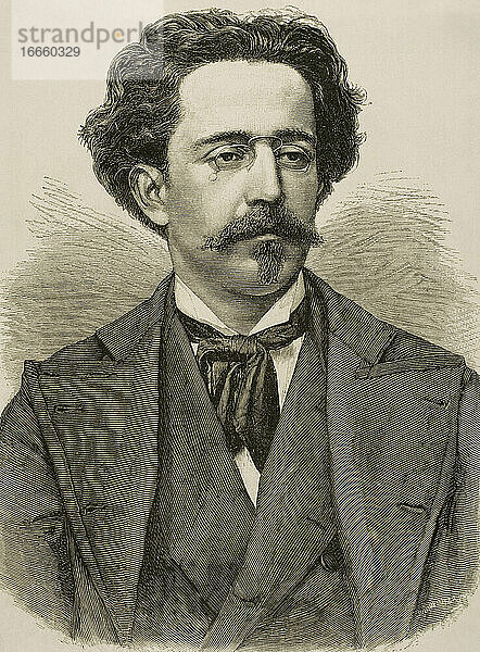 Gaspar Villate Montes (1851-1891). Kubanischer Komponist und Pianist. Kupferstich von Pannemaker. Die spanische und amerikanische Illustration  1878.
