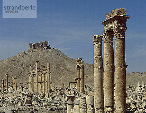 Syrien. Ruinen von Palmyra. Naher Osten. Große Kolonnade. 3. Jahrhundert nach Christus. Im Hintergrund die Festung von Qalat. Oase Tadmor.