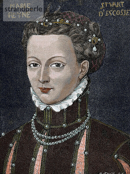 Maria  Königin der Schotten (1542-1587). Königin von Schottland und Königingemahlin von Frankreich. Kupferstich von R. Bong. Historia Universal  1885. Originalporträt von F. Clouet (16. Jh.). Koloriert.