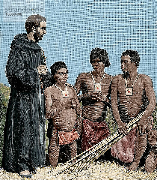 Kolumbien. Spanische Mission. Augustiner-Rekollekten-Mönch bei der Bekehrung der Guahibos-Indianer. Kupferstich  1887. Koloriert.