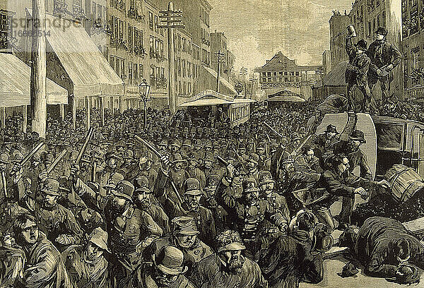 Vereinigte Staaten. New York City. Polizeibeamte bei der Auflösung des Streiks der Mitarbeiter der Straßenbahn. 4. März 1886. Kupferstich. La Ilustracion Espanola y Americana   1886.