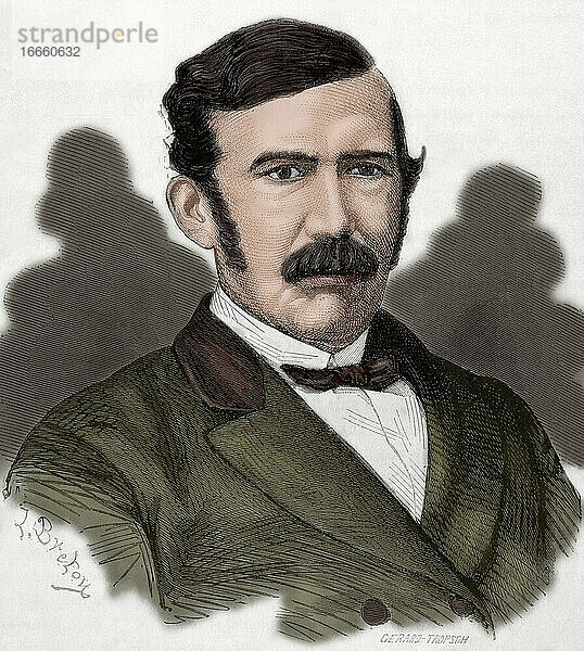 David Livingstone (1813-1873). Schottischer Entdecker. Kupferstich in Weekly Familiar Picturesque  1876. Koloriert.