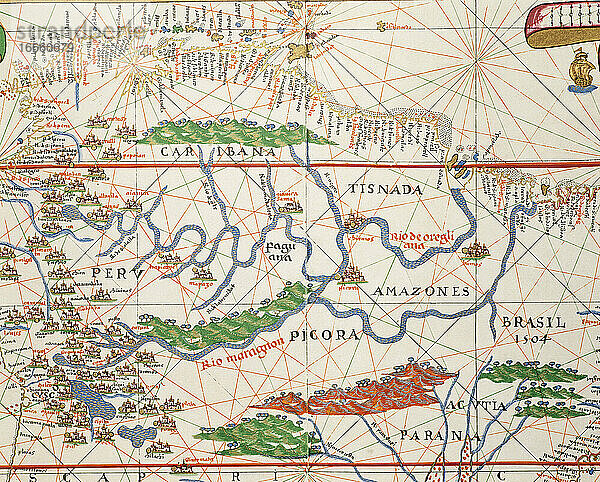Portolan-Atlas der Welt von Joan Martines (1556-1590). Messina  1587. Amazonas-Becken und zwei Mündungen. Nationalbibliothek. Madrid. Spanien.