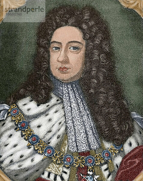 Georg II. (1683-1760). König von Großbritannien und Irland. Kurfürst des Heiligen Römischen Reiches. Porträt. Kupferstich. Koloriert.