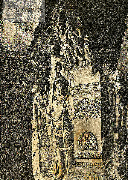 Hinduismus. Relief mit der Darstellung von Gott Vishnu in einer Tempelhöhle in Badami  Indien. Kupferstich von G. Treibmann. Indien  1880.