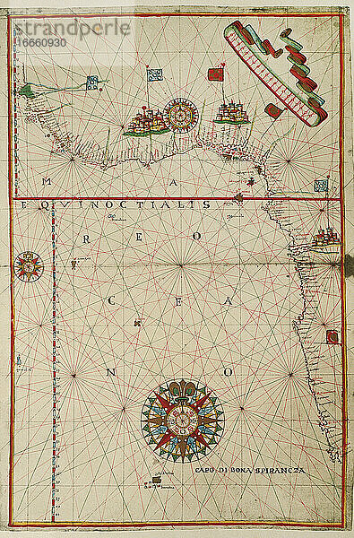 Portolan-Atlas der Welt von Joan Martines (1556-1590). Westküste des afrikanischen Kontinents. Messina  1587. Nationalbibliothek. Madrid. Spanien.