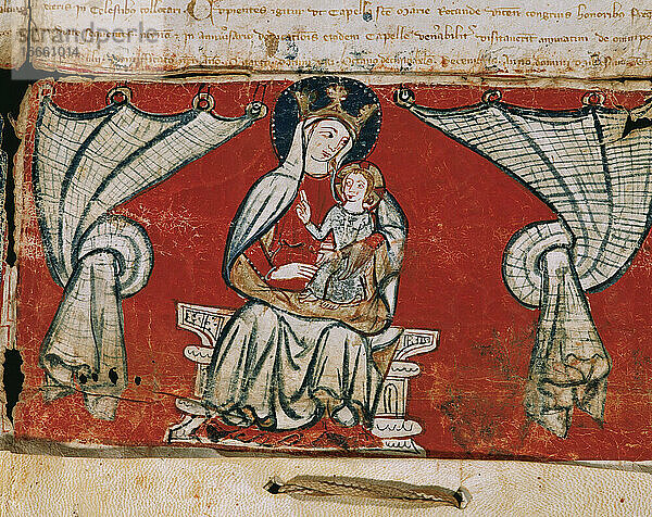 Reibender Ablass der Jungfrau von der Kirche von La Rodona in Vic. 1342. Detail Miniatur. Jungfrau und Kind. Bischöfliches Museum. Vic. Katalonien. Spanien.