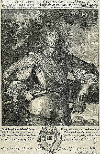 Carl Gustaf Wrangel (1613 -1676). Schwedischer Adliger  Staatsmann und Feldherr im Dreißigjährigen  Torstenson-  Bremer  Zweiten Nordischen und Schonen-Krieg. Kupferstich. Porträt.