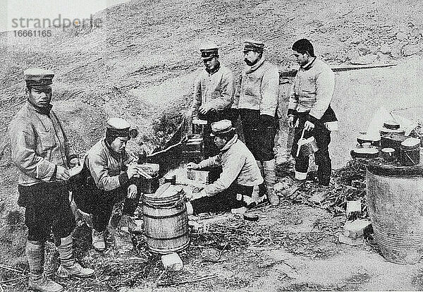 Russisch-Japanischer Krieg (1904-1905). Japanische Feldküche in Sandepu. Fotografie. La Ilustracion Artistica .