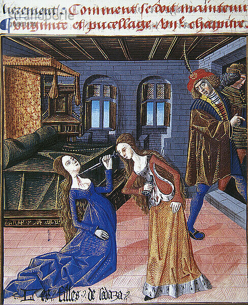 Miniatur. Buch der Moral Livre de Bonnes Moerus   1400-1410 von Jacques Legrand (gest. 1459). Die Tochter von Sedaka begeht Selbstmord  nachdem sie von Männern vergewaltigt wurde  die sich als Pilger ausgaben. Conde-Museum. Chantilly. Frankreich.