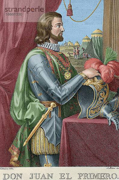 Johannes I. von Kastilien (1358-1390). König der Krone von Kastilien (1379-1390). Porträt von Antonio Carnicero  1779. Cronica de los Reyes de Castilla. Kolorierter Kupferstich.