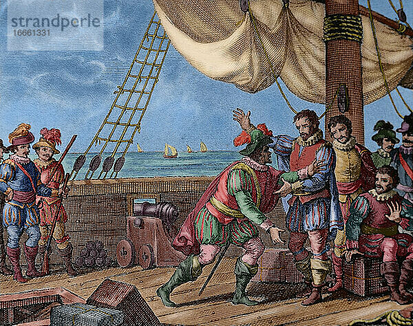 Dritte Reise von Christoph Kolumbus. Kolumbus und seine Brüder Diego und Bartholomäus werden nach Spanien geschickt  nachdem sie auf der Insel La Espanola vom spanischen Gouverneur der Indias Francisco de Boadilla festgenommen wurden  1500. Kupferstich  1807. Koloriert.