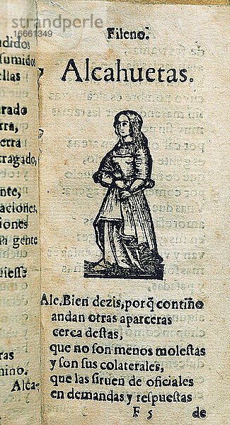 Cristobal de Castillejo (ca. 1490-1550). Spanischer Mönch und Dichter. Frauen im Dialog. Kupferstich mit der Darstellung eines Klatschers. Gedruckt in Barcelona  1600.