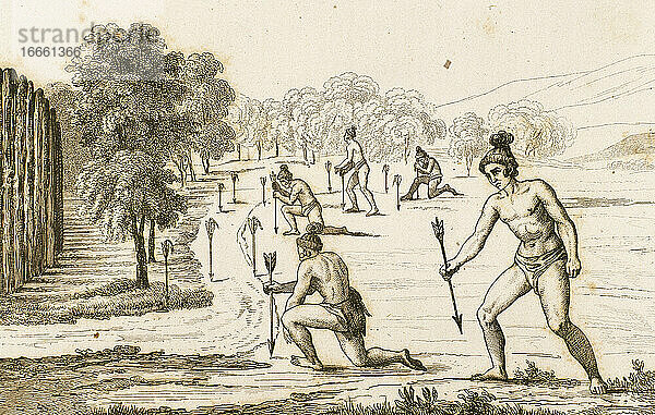 Timucuan-Indianer erklären den Krieg. 16. Jahrhundert. Kupferstich  1841.