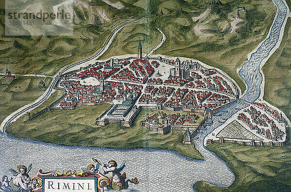 Italien. Die Stadt Rimini. Theatrum Orbis Terrarum von Abraham Ortelis  1570. Bibliothek Estense. Modena. Italien.