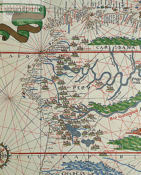 Portolan des spanischen Kartografen Joan Martines (16. Jahrhundert). Mallorquinische Schule. Amerikanische Westküste (Peru  Ecuador und Kolumbien). 1587 Messina  Sizilien.