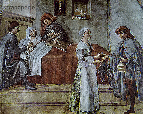 Geschichte der Medizin. Gebärende. Malerei. 15. Jahrhundert. Florenz. Italien.